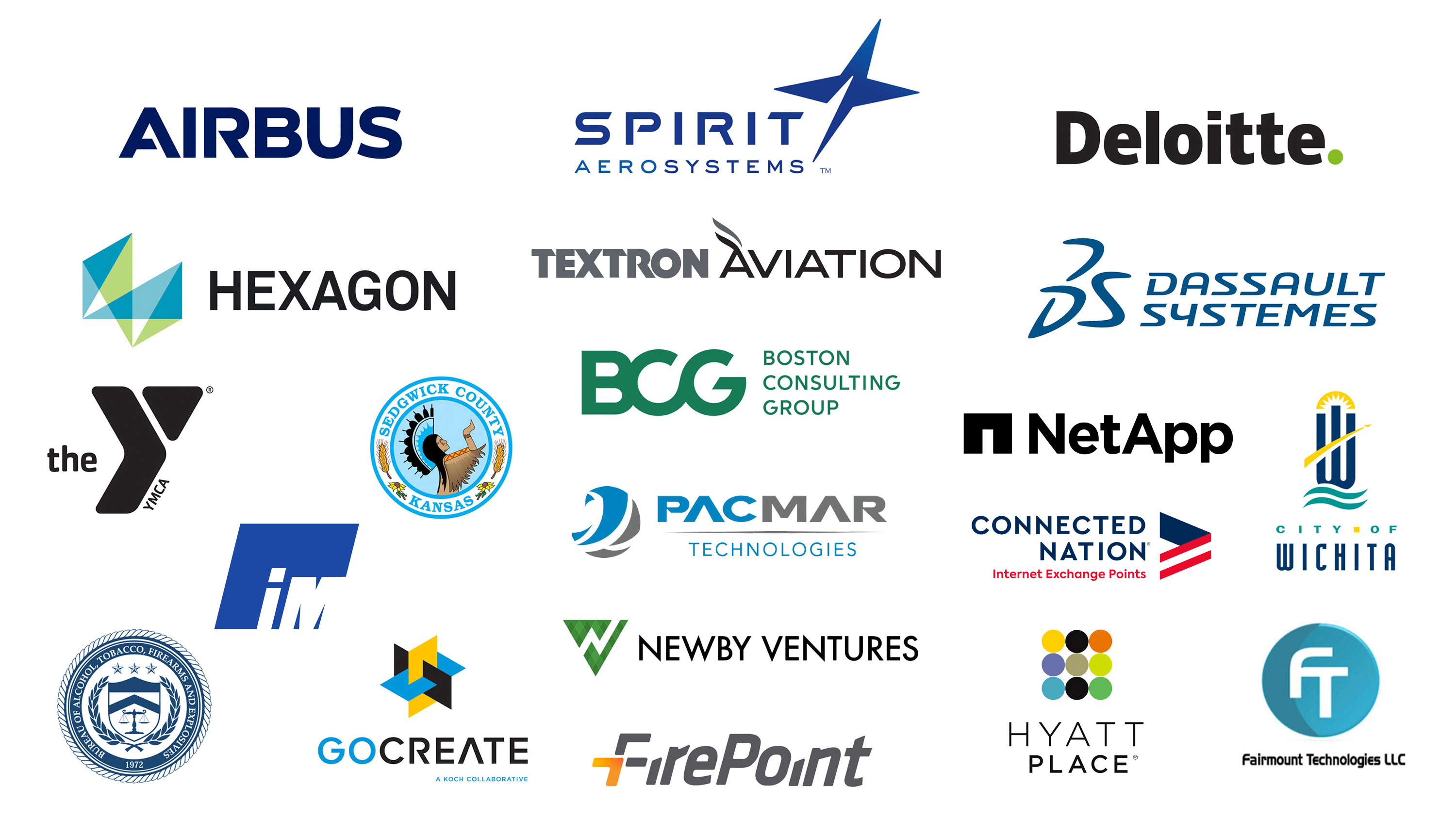 Partnership logos: Spirit Aerosystems, Fairmount Technologies LLC, Firepoint, Hexagon, Hyatt Place, GoCreate, Dassault Systems, Sedgwick County Kansas, Airbus, BCG, City of 鶹ƽ, Deloitte, NetApp, Martin Defense Group, The YMCA, Textron Aviation